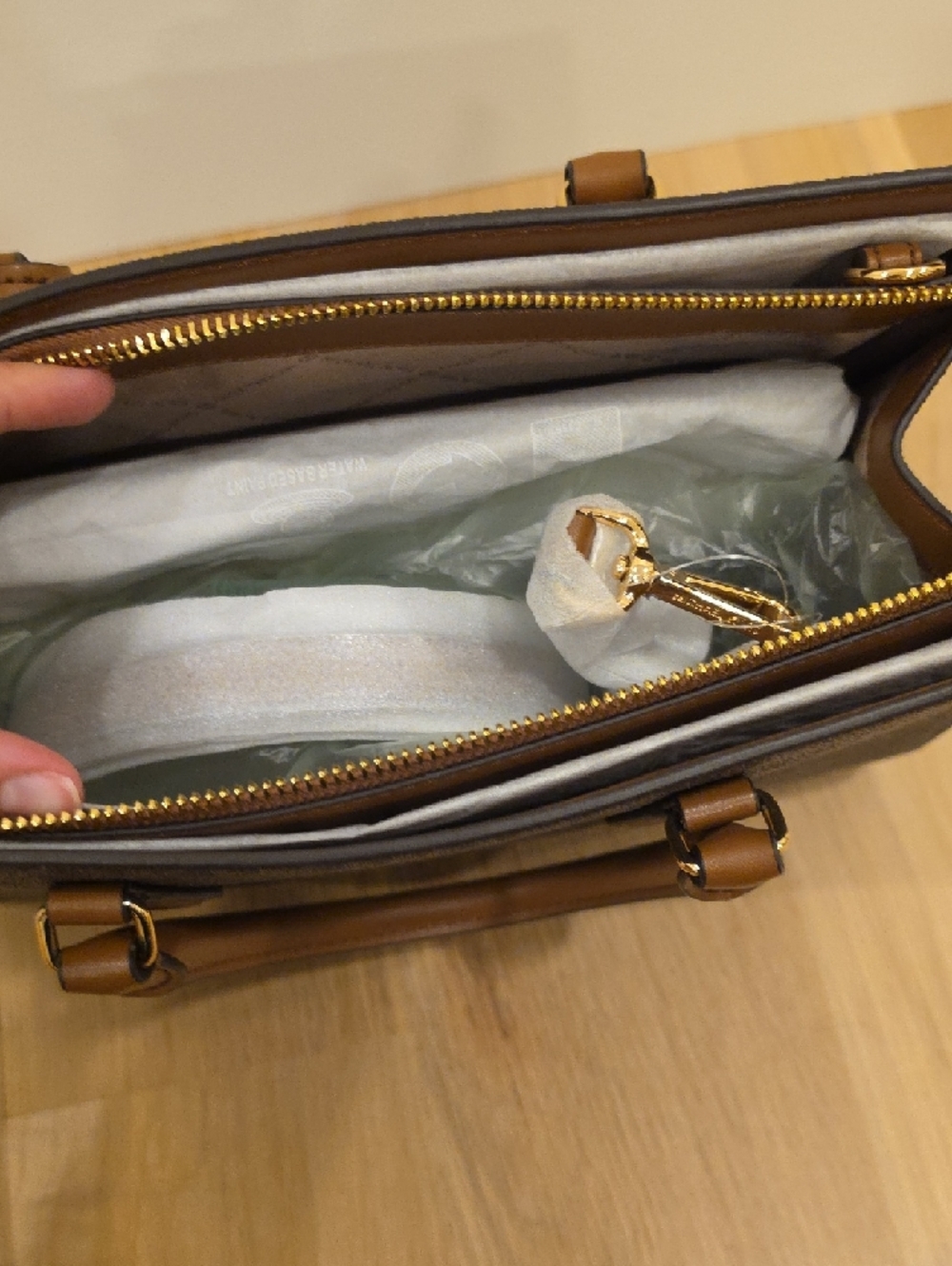 Michael Kors Brown Logo Satchel with Tan Trim and Gold Hardware - Picture 7 of 8